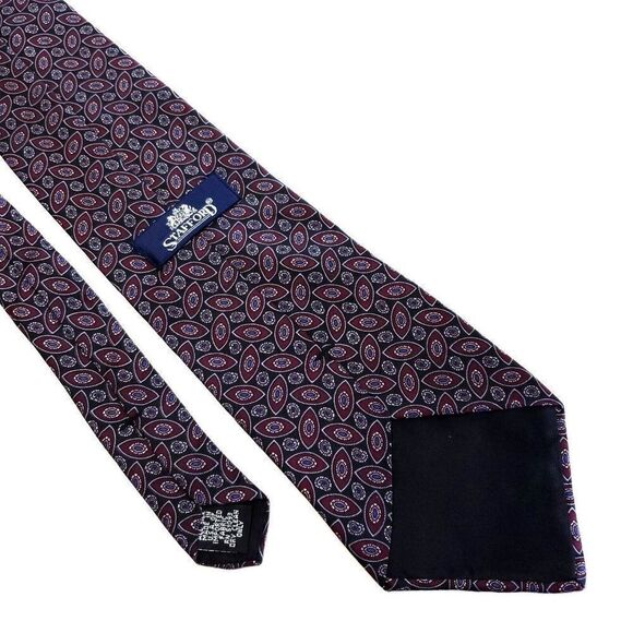 Stafford Black Purple Print Geometric Short Wide Silk Tie - Picture 5 of 6